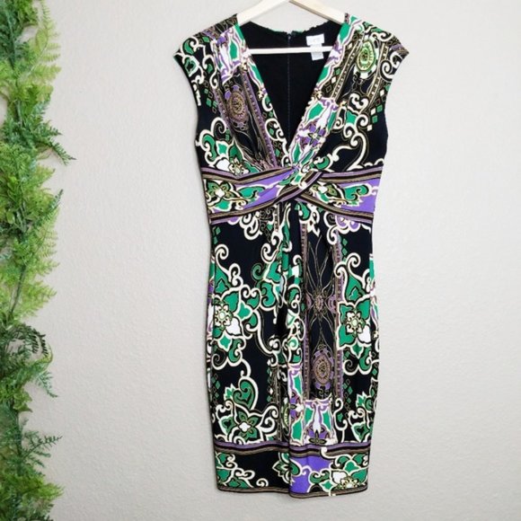 Cache Purple Green Print Sleeveless V Neck Dress 2 - Picture 3 of 11